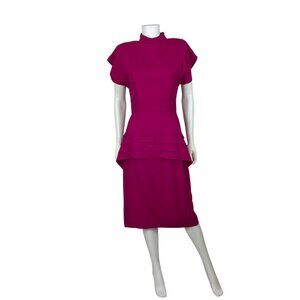 Vintage 80s Peplum Dress Womens XS Fuchsia 40s Style Pleated Ruffle Wiggle